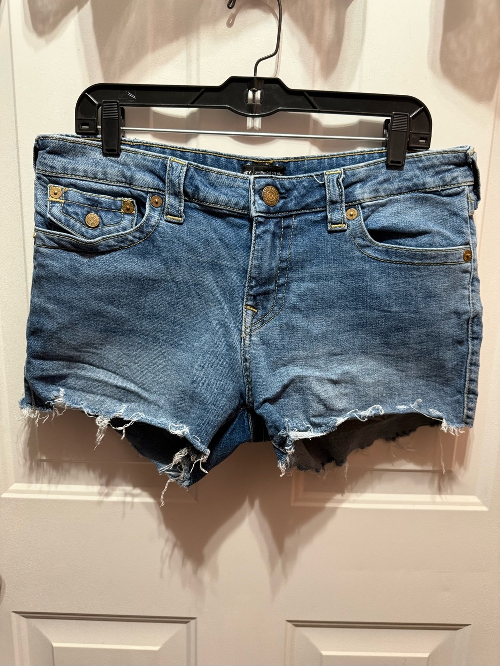 True Religion Joey Medium Blue Distressed Denim Cutoff Shorts Size 33
